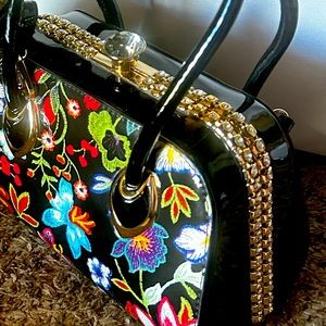Floral & Giant Rhinestone Frame Satchel Hardshell Purse Crossbody Medium-Large